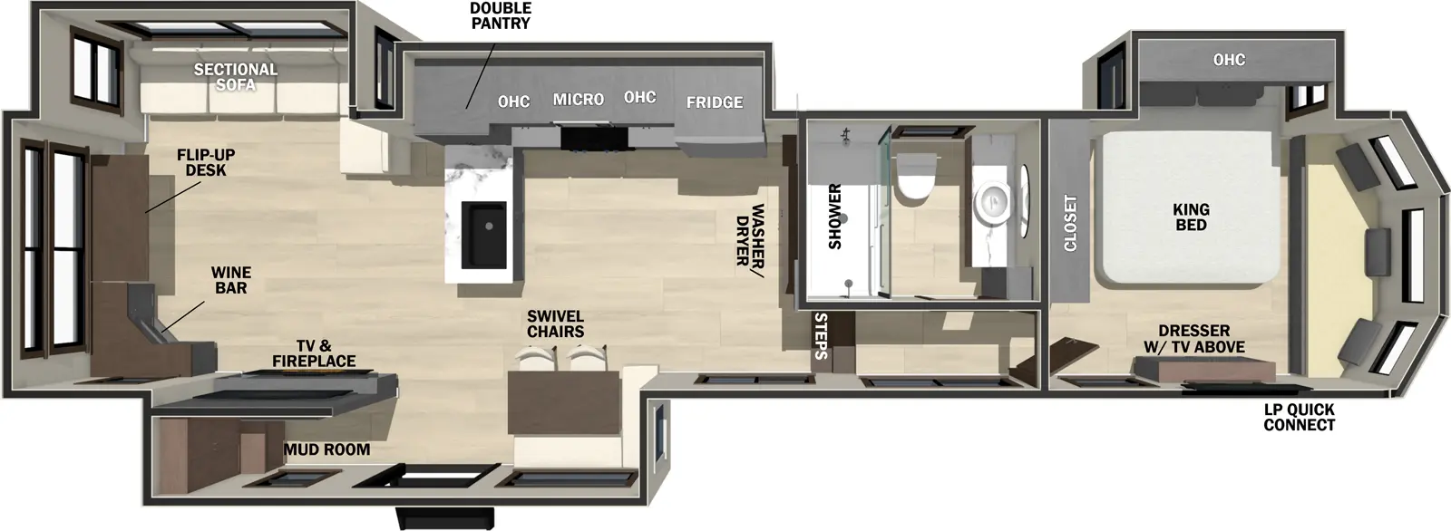 The Cedar Creek Cottage Fifth Wheels 412FWC floorplan has one entry and three slide outs. Exterior features include: fiberglass exterior and Optional awning. Interiors features include: front bedroom and rear living.